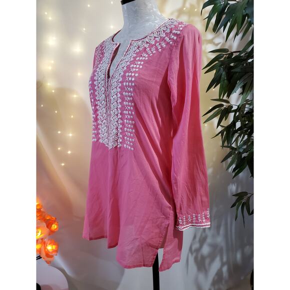 Sachin + Babi for Ankasa Women's S Embroidered 100% Cotton Pink Boho Tunic Top - Picture 2 of 8